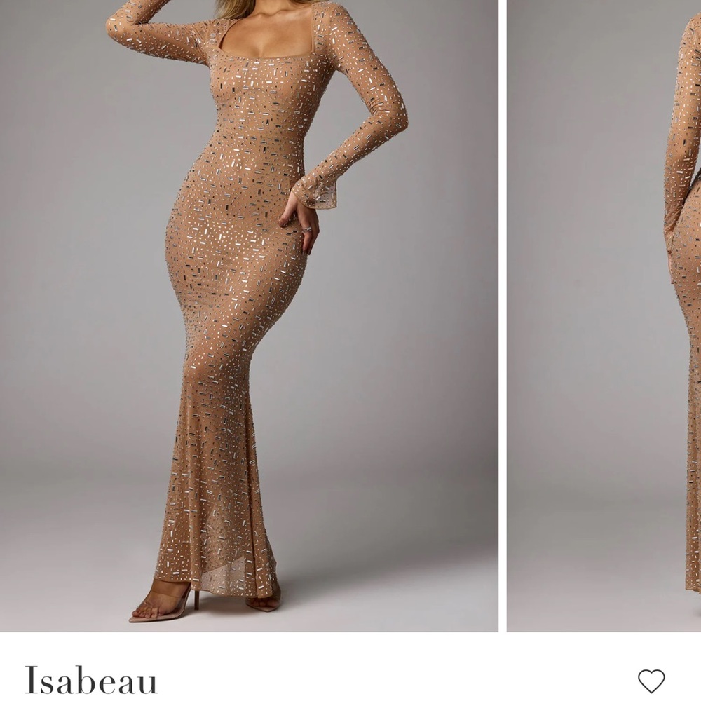 Oh Polly Sheer Embellished Long Sleeve Evening Gown in Almond